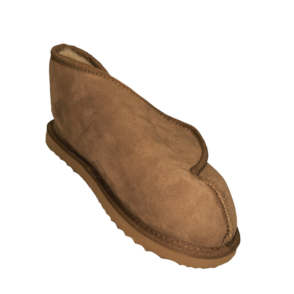 Brown suede velcro slipper with easy access for medical disability, Australian sheepskin, wool lining on a white background