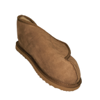 Brown suede velcro slipper with easy access for medical disability, Australian sheepskin, wool lining on a white background
