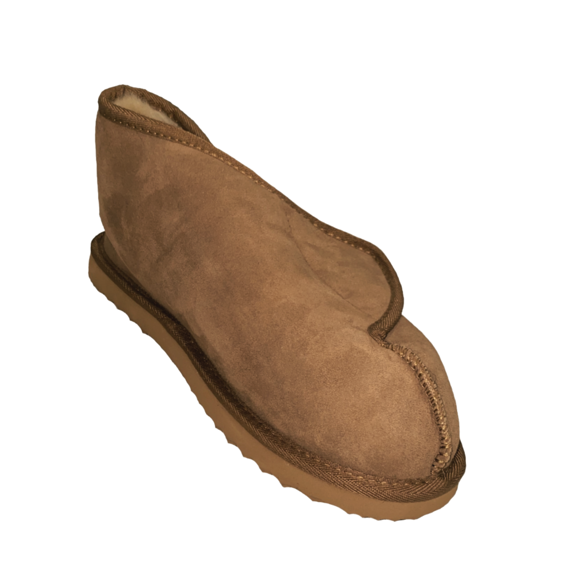 Brown suede velcro slipper with easy access for medical disability, Australian sheepskin, wool lining on a white background