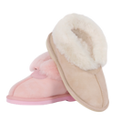 Pair of pink and beige slippers with Australian sheepskin, wool fur lining on a white background