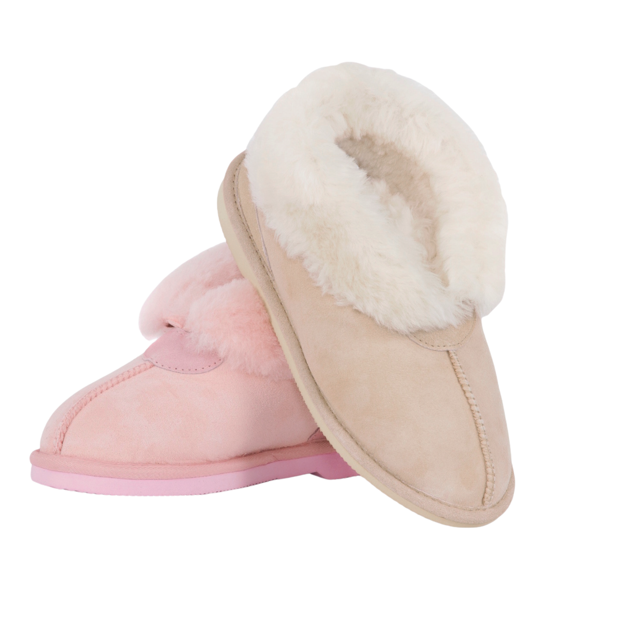 Pair of pink and beige slippers with Australian sheepskin, wool fur lining on a white background