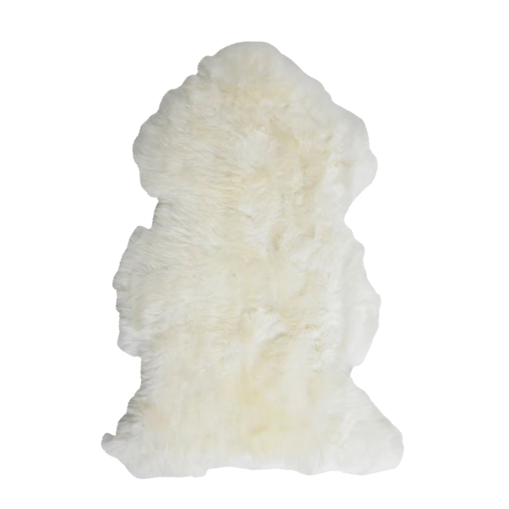 White Australian sheepskin wool floor rug on a white background