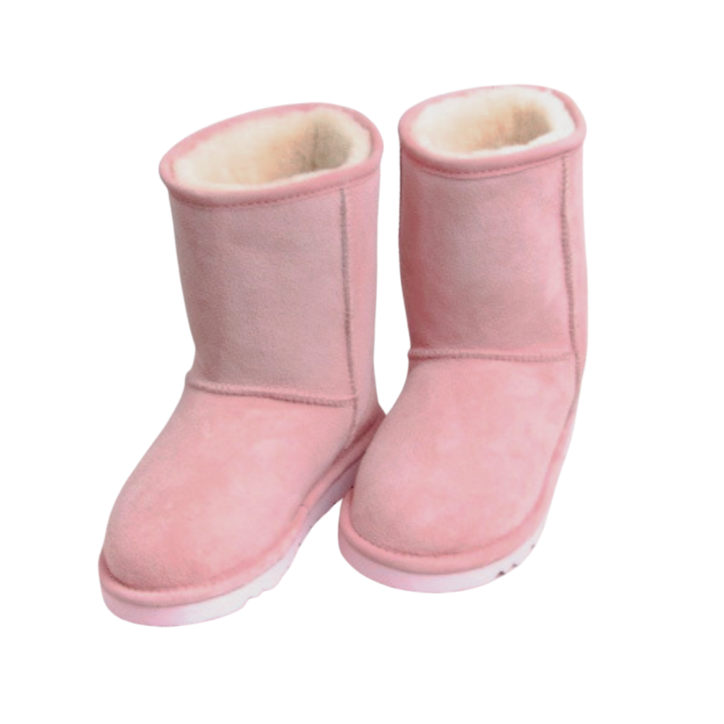 Pair of pink Australian sheepskin wool fur boots with white soles on a white background