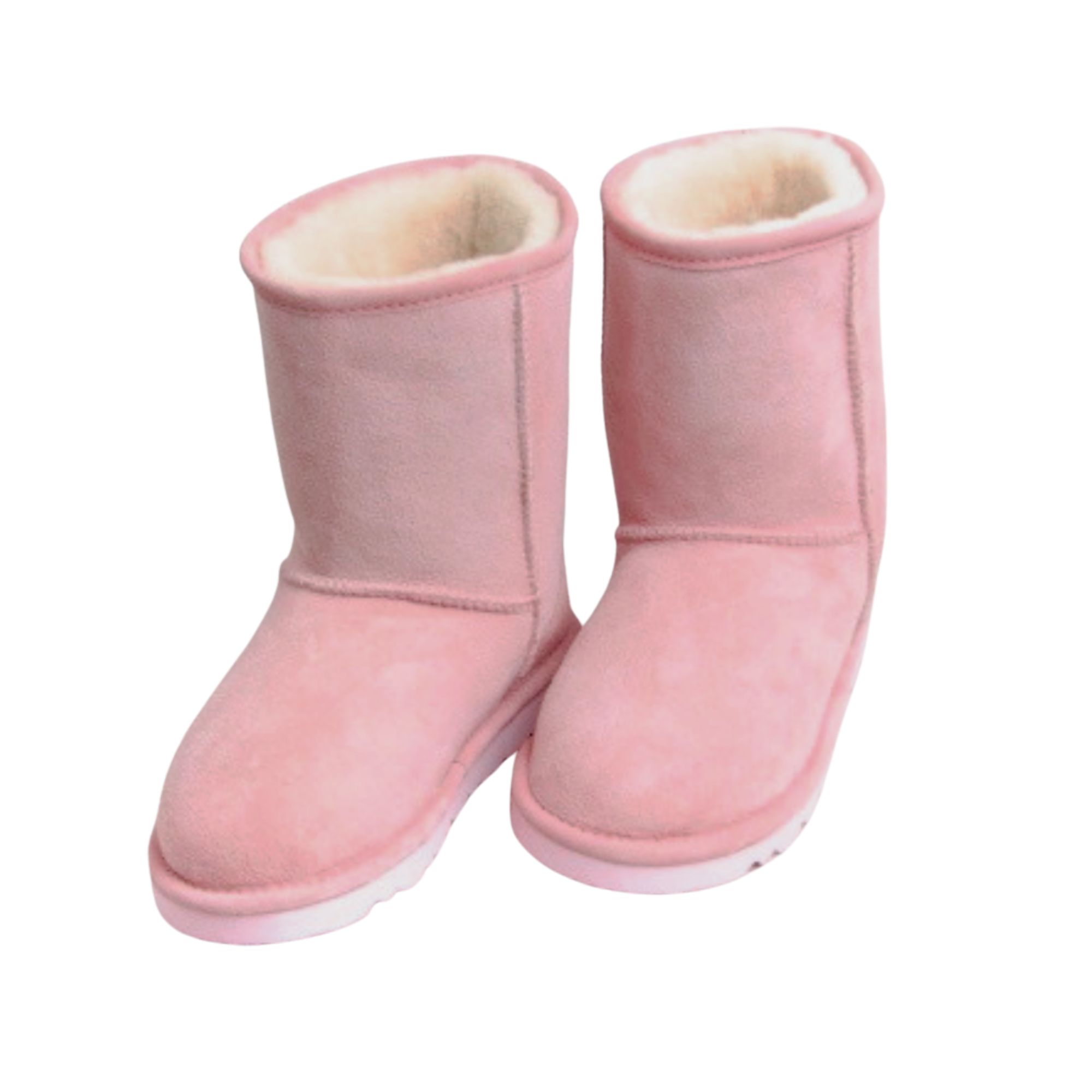 Pair of pink Australian sheepskin wool fur boots with white soles on a white background