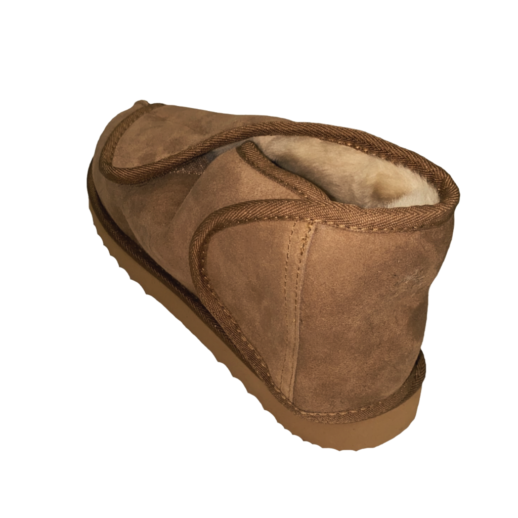 Brown suede velcro slipper with easy access for medical or disability, Australian sheepskin, wool lining on a white background