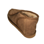 Brown suede velcro slipper with easy access for medical or disability, Australian sheepskin, wool lining on a white background