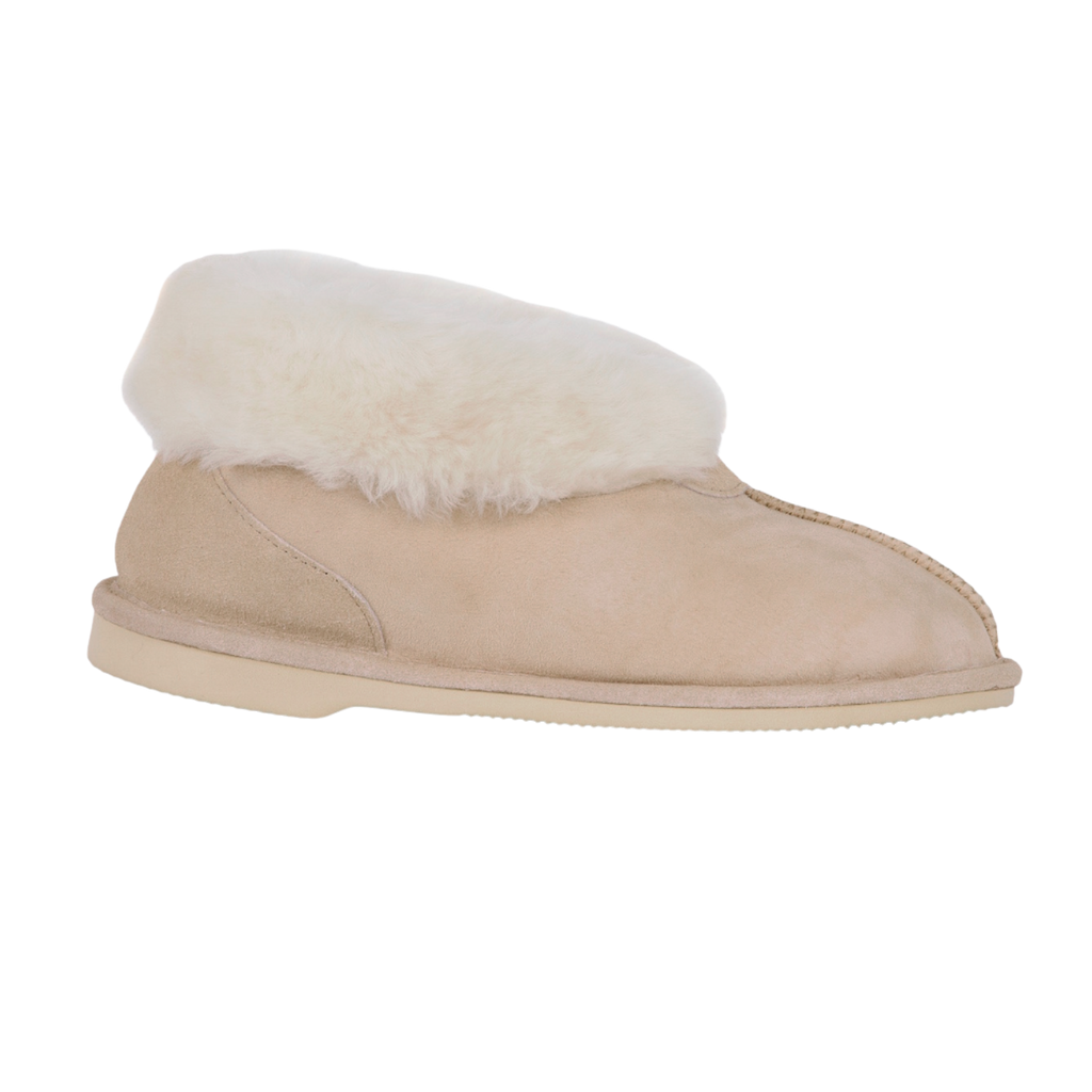 Beige slipper with white Australian sheepskin, wool fur lining on a white background
