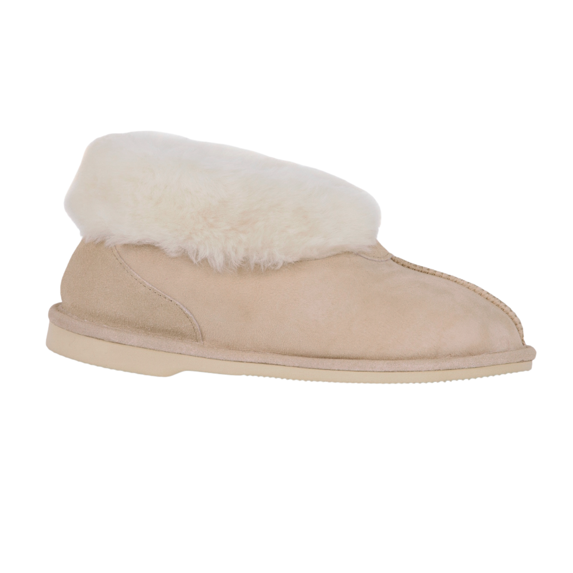 Beige slipper with white Australian sheepskin, wool fur lining on a white background