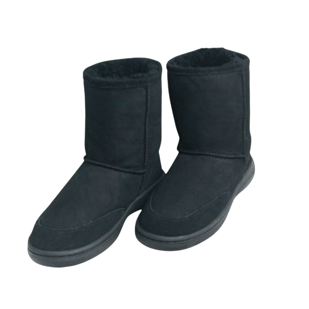 Pair of black Australian sheepskin wool winter boots on a white background