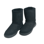 Pair of black Australian sheepskin wool winter boots on a white background