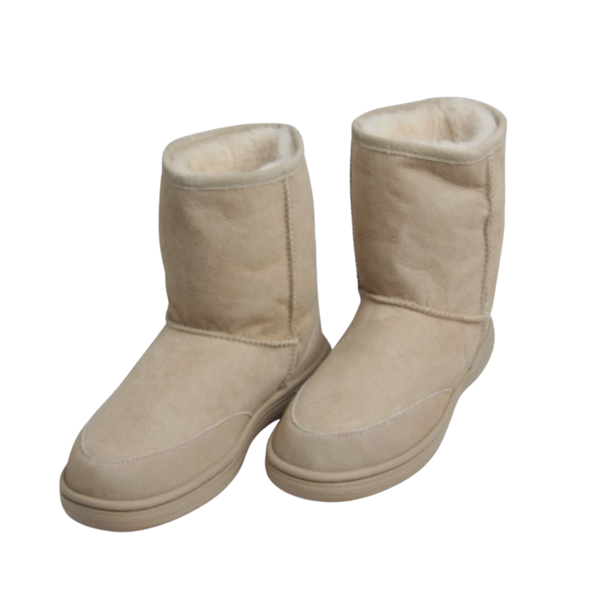 Pair of outdoor beige wool, Australian sheepskin suede boots with white fur lining on a white background