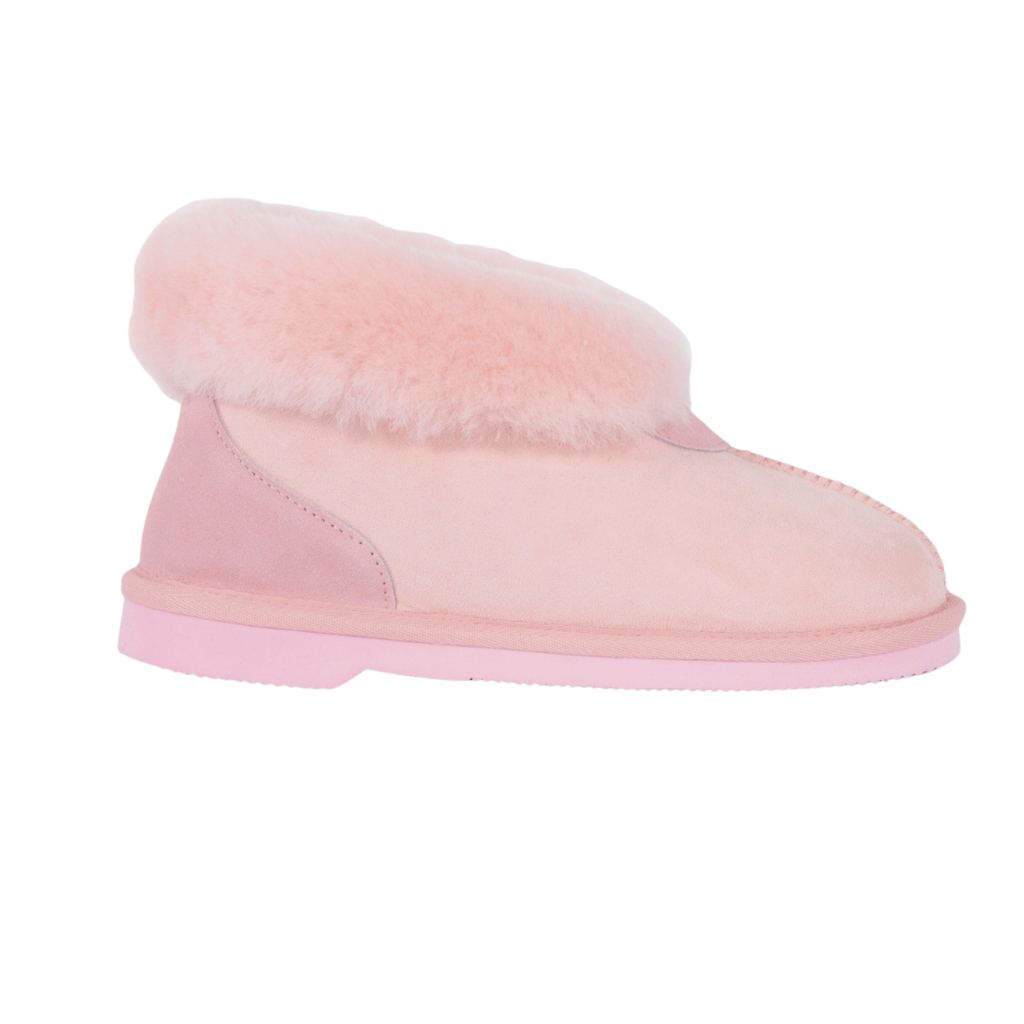 Pink slipper boot with fuzzy wool, Australian sheepskin texture on a white background