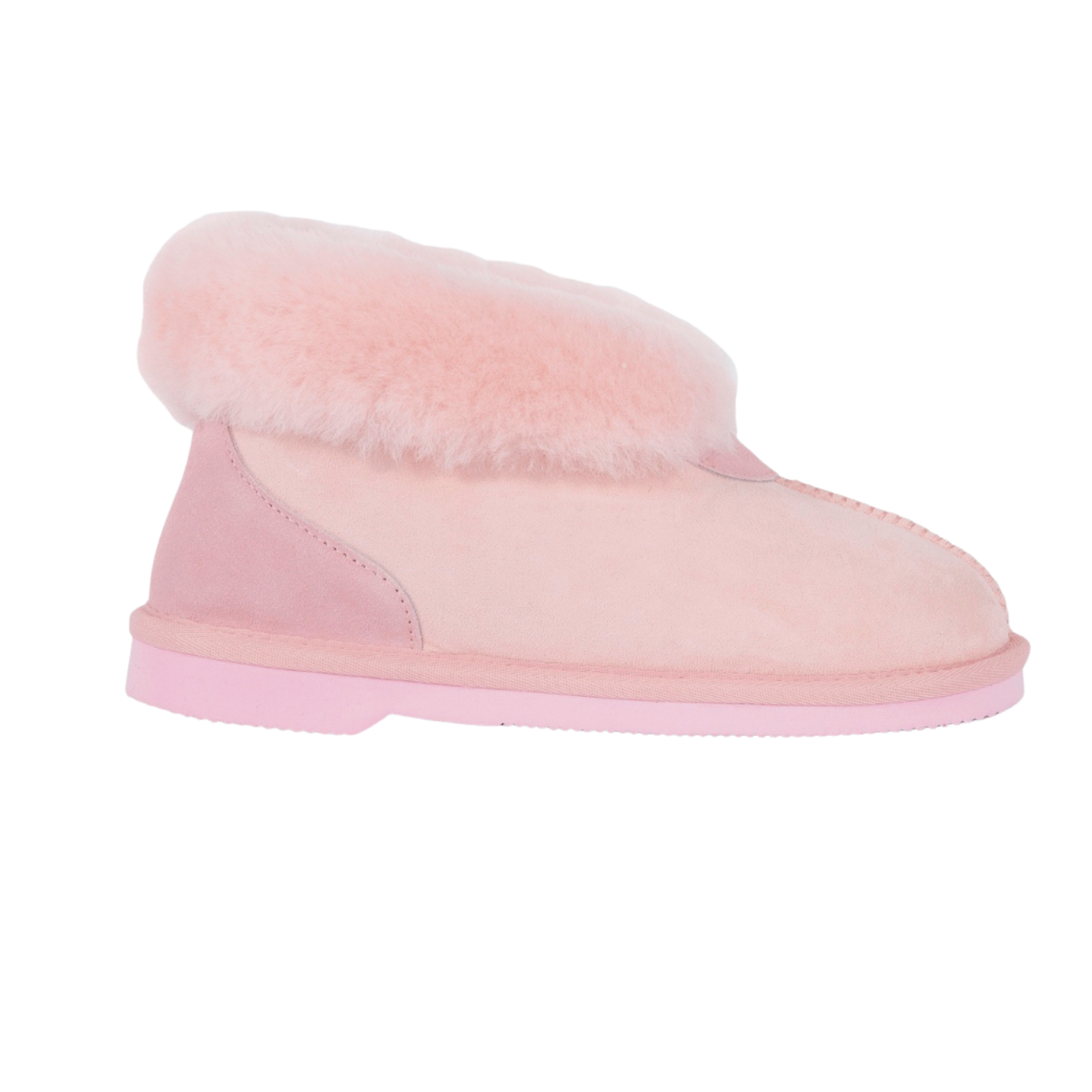 Pink slipper boot with fuzzy wool, Australian sheepskin texture on a white background