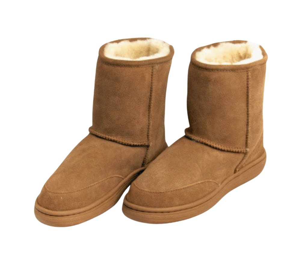 Pair of outdoor brown suede Australian sheepskin wool boots with white fur lining on a white background