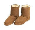 Pair of outdoor brown suede Australian sheepskin wool boots with white fur lining on a white background