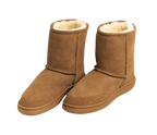 Pair of outdoor brown suede Australian sheepskin wool boots with white fur lining on a white background