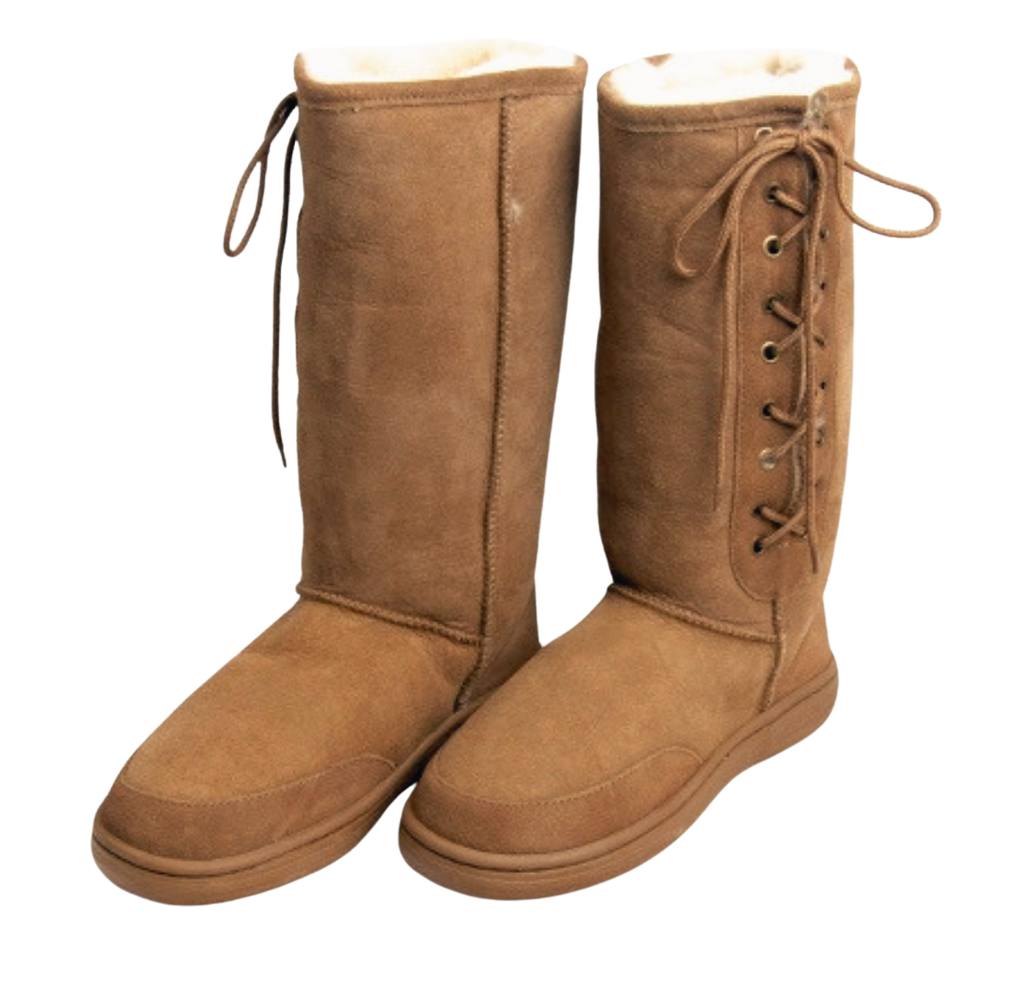Pair of outdoor brown suede Australian sheepskin, wool boots with white fur lining on a white background
