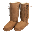 Pair of outdoor brown suede Australian sheepskin, wool boots with white fur lining on a white background