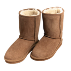 Pair of brown suede boots with white Australian sheepskin wool fur lining on a white background