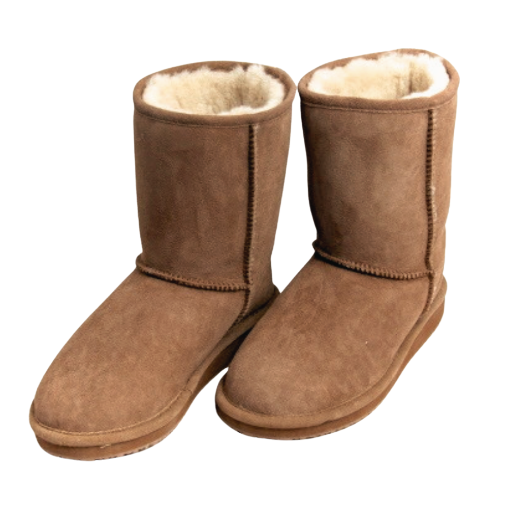 Pair of brown suede boots with white Australian sheepskin wool fur lining on a white background