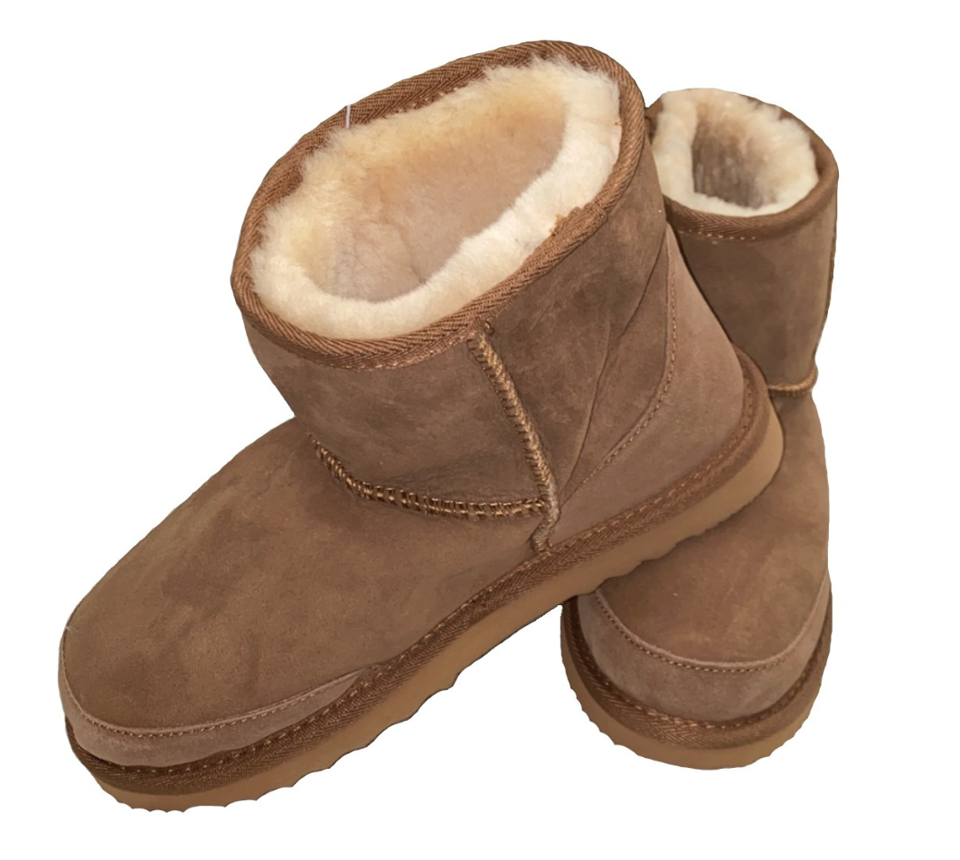 Pair of brown suede boots with white wool Australian sheepskin fur lining on a white background