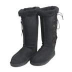 Pair of black knee-high lace up boots with wool Australian sheepskin fur lining on a white background
