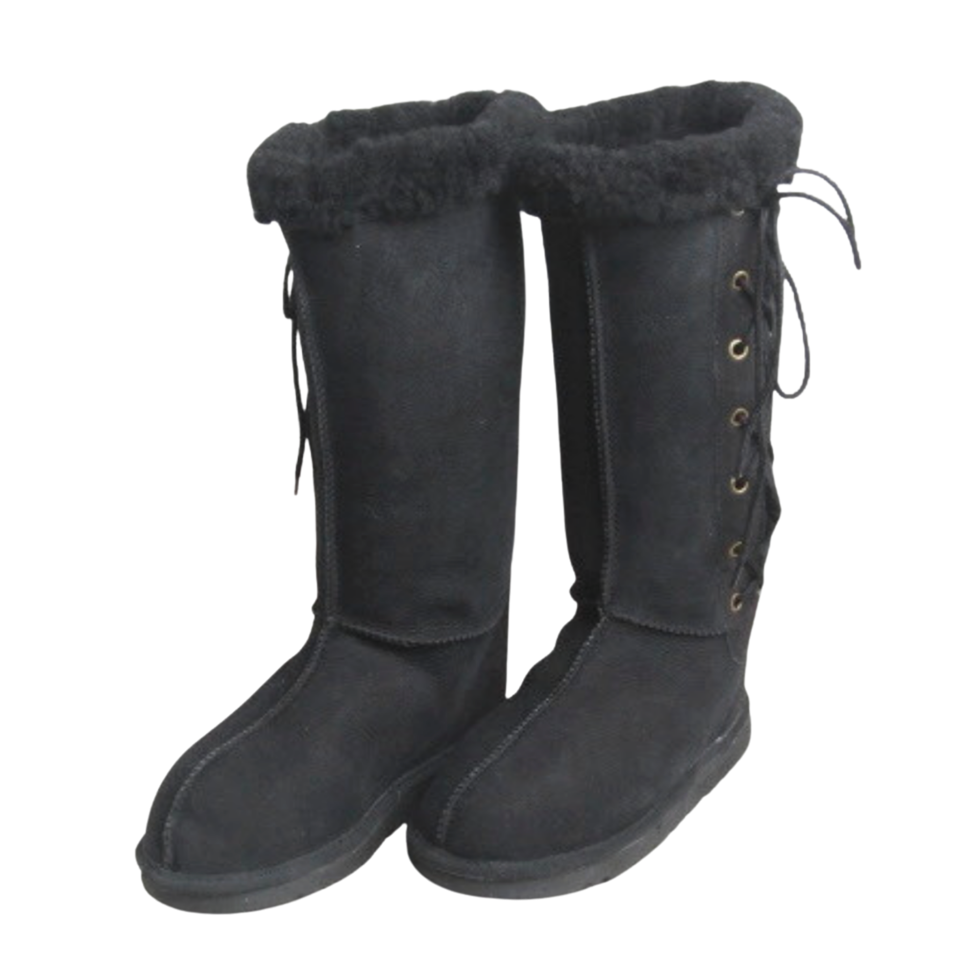Pair of black knee-high lace up boots with wool Australian sheepskin fur lining on a white background