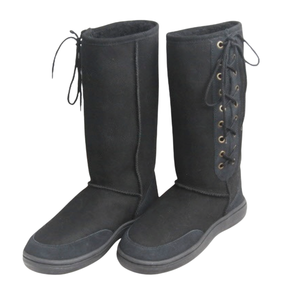 Pair of black wool Australian sheepskin knee-high boots with laces on a white background