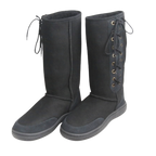 Pair of black wool Australian sheepskin knee-high boots with laces on a white background