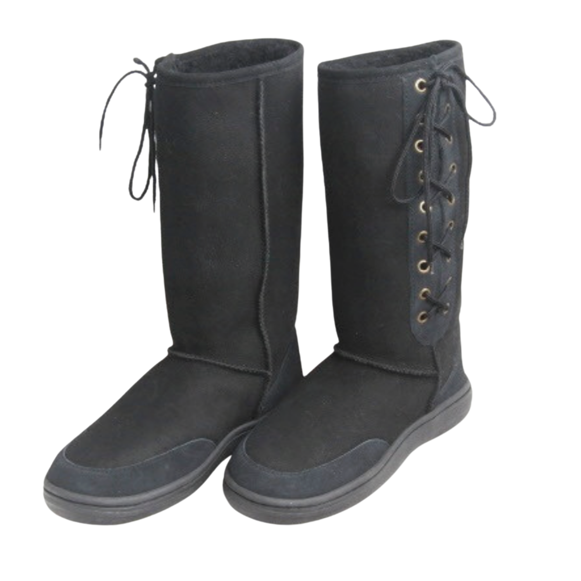 Pair of black wool Australian sheepskin knee-high boots with laces on a white background