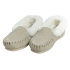 Pair of beige moccasin slippers with white Australian sheepskin wool fur lining on a white background