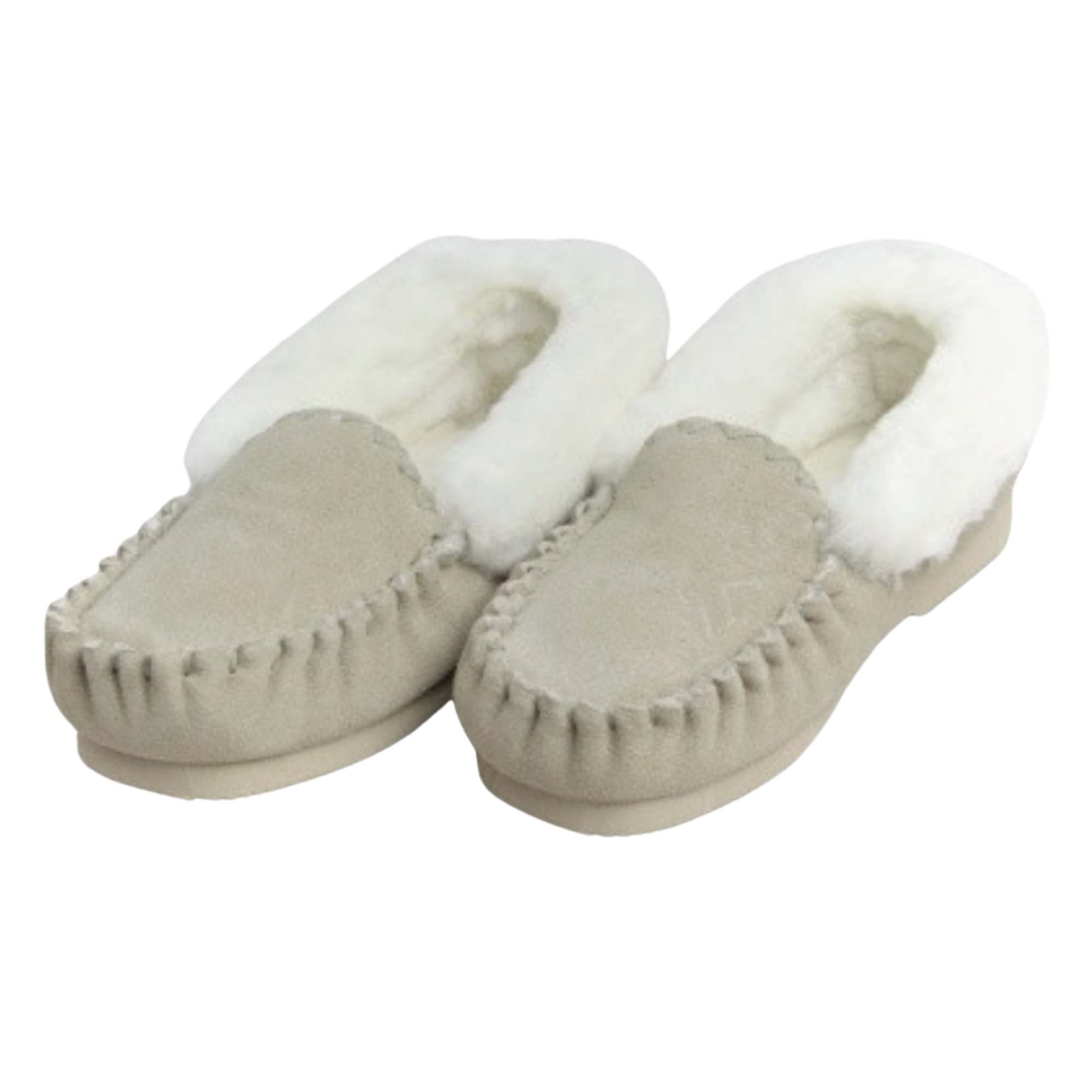 Pair of beige moccasin slippers with white Australian sheepskin wool fur lining on a white background