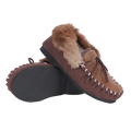 Brown moccasin slippers with Australian kangaroo fur lining on a white background