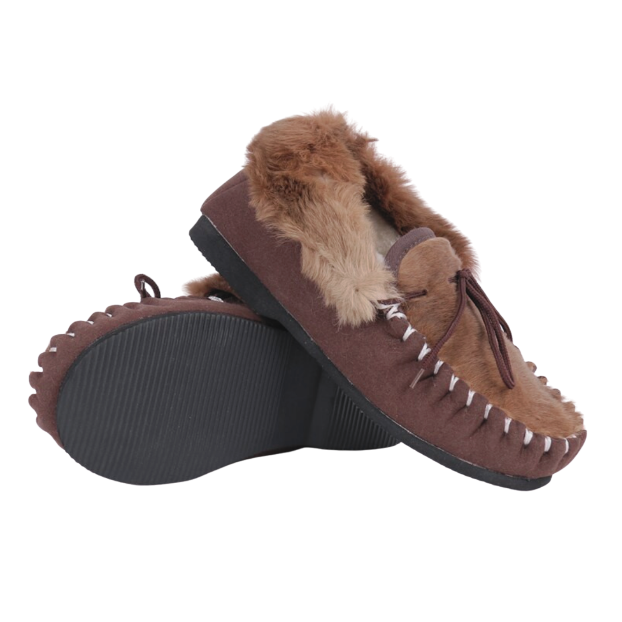 Brown moccasin slippers with Australian kangaroo fur lining on a white background