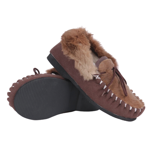 Brown moccasin slippers with Australian kangaroo fur lining on a white background