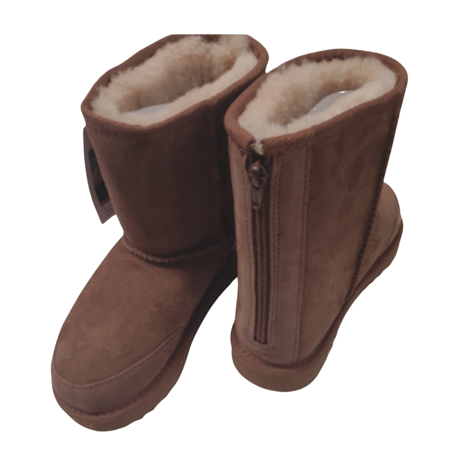 Pair of brown rear zip suede boots with Australian sheepskin, wool lining fur with easy access for medical or disabled on a white background