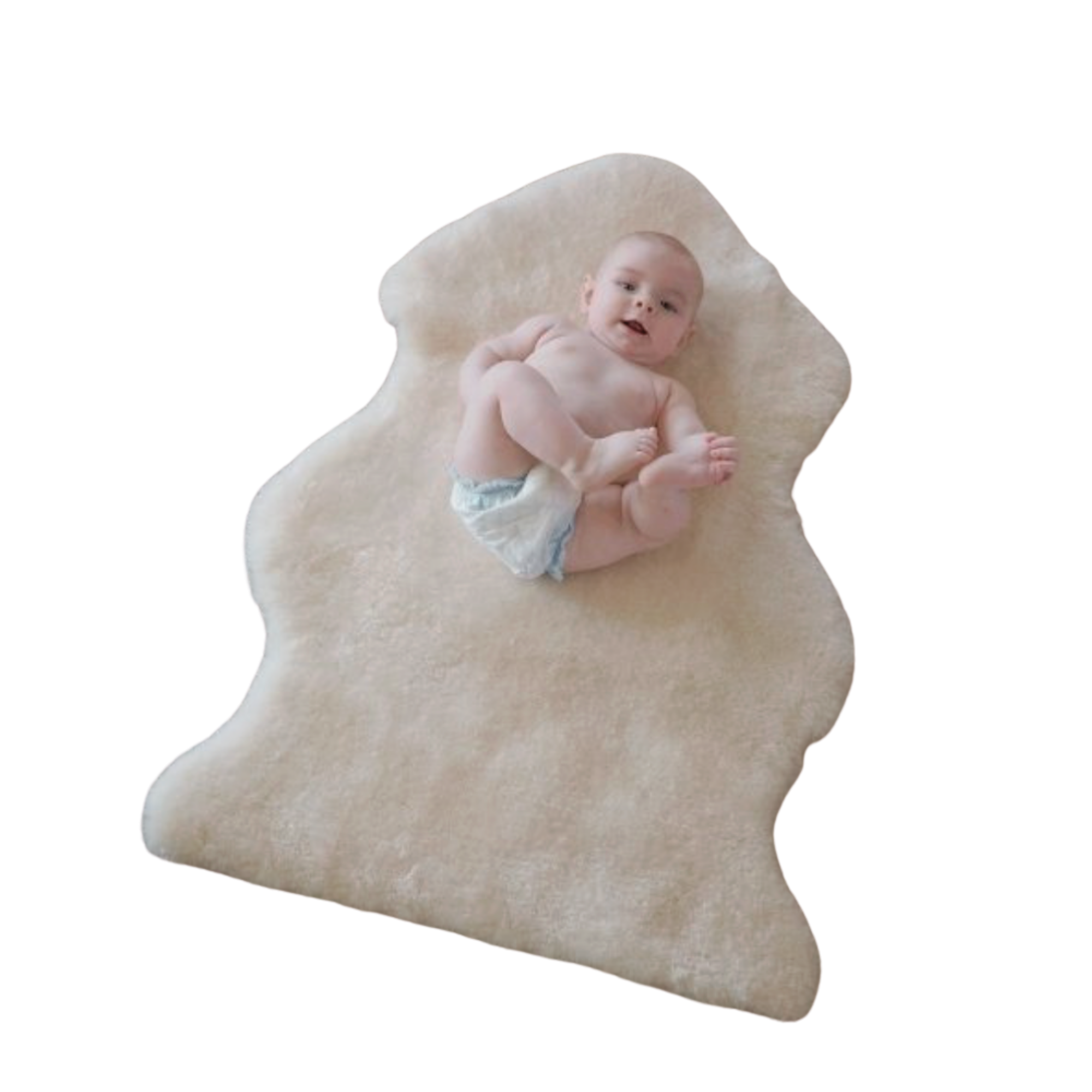 Baby lying on a beige Australian sheepskin wool rug against a white background