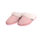 Pair of pink wool Australian sheepskin slide, scuff, slippers with white fur lining on a white background