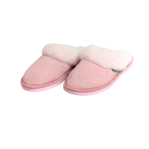 Pair of pink wool Australian sheepskin slide, scuff, slippers with white fur lining on a white background