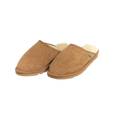 Pair of brown scuff Australian sheepskin slippers on a white background