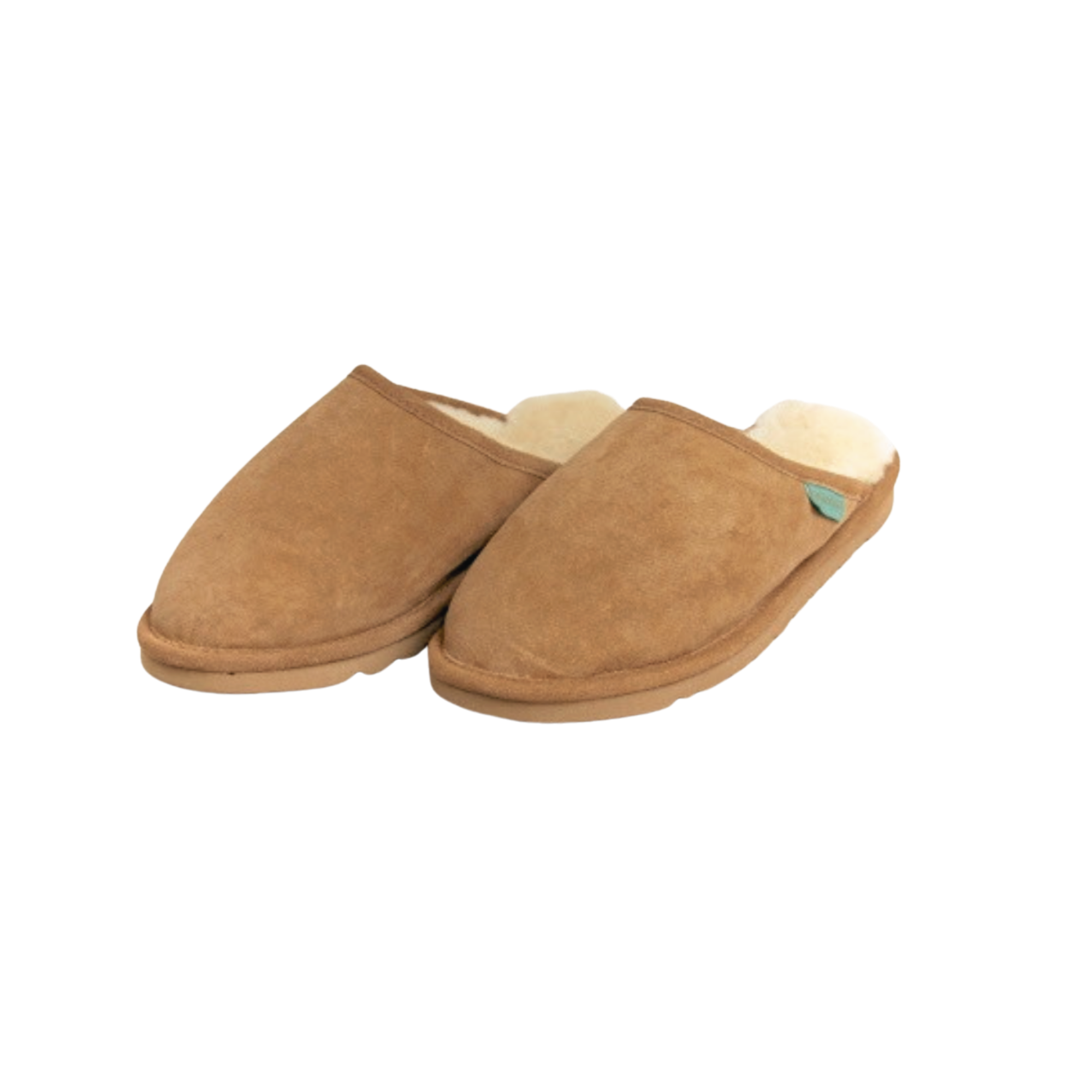 Pair of brown scuff Australian sheepskin slippers on a white background