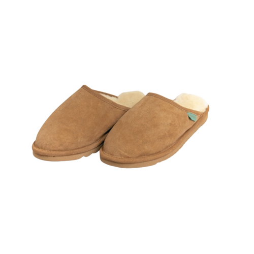 Pair of brown scuff Australian sheepskin slippers on a white background