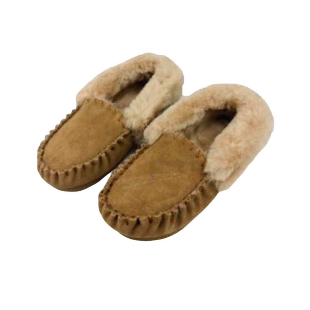 Pair of brown moccasin slippers with Australian sheepskin wool fur lining on a white background
