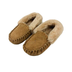 Pair of brown moccasin slippers with Australian sheepskin wool fur lining on a white background