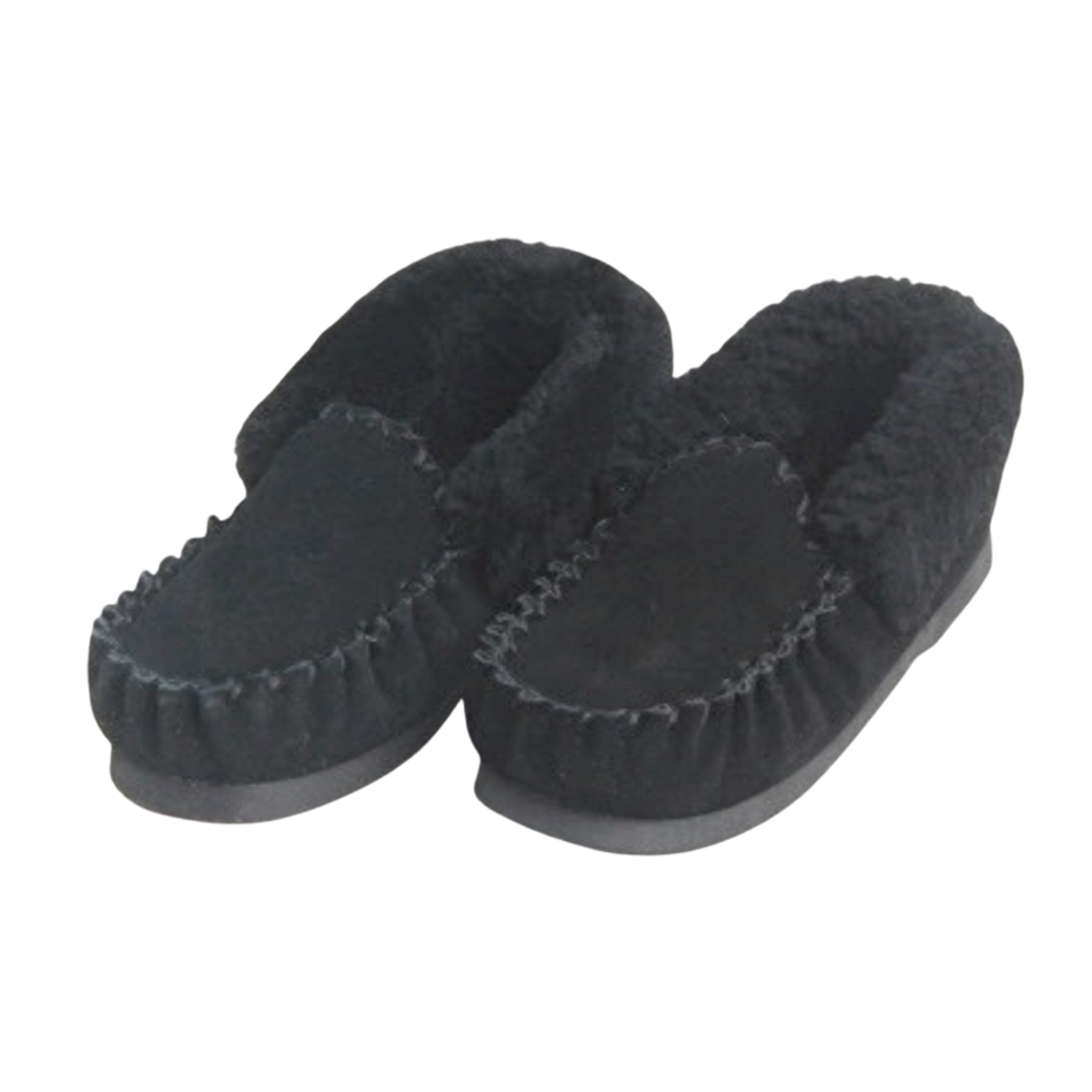 Pair of black moccasin slippers with fuzzy wool, Australian sheepskin texture on a white background