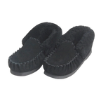 Pair of black moccasin slippers with fuzzy wool, Australian sheepskin texture on a white background