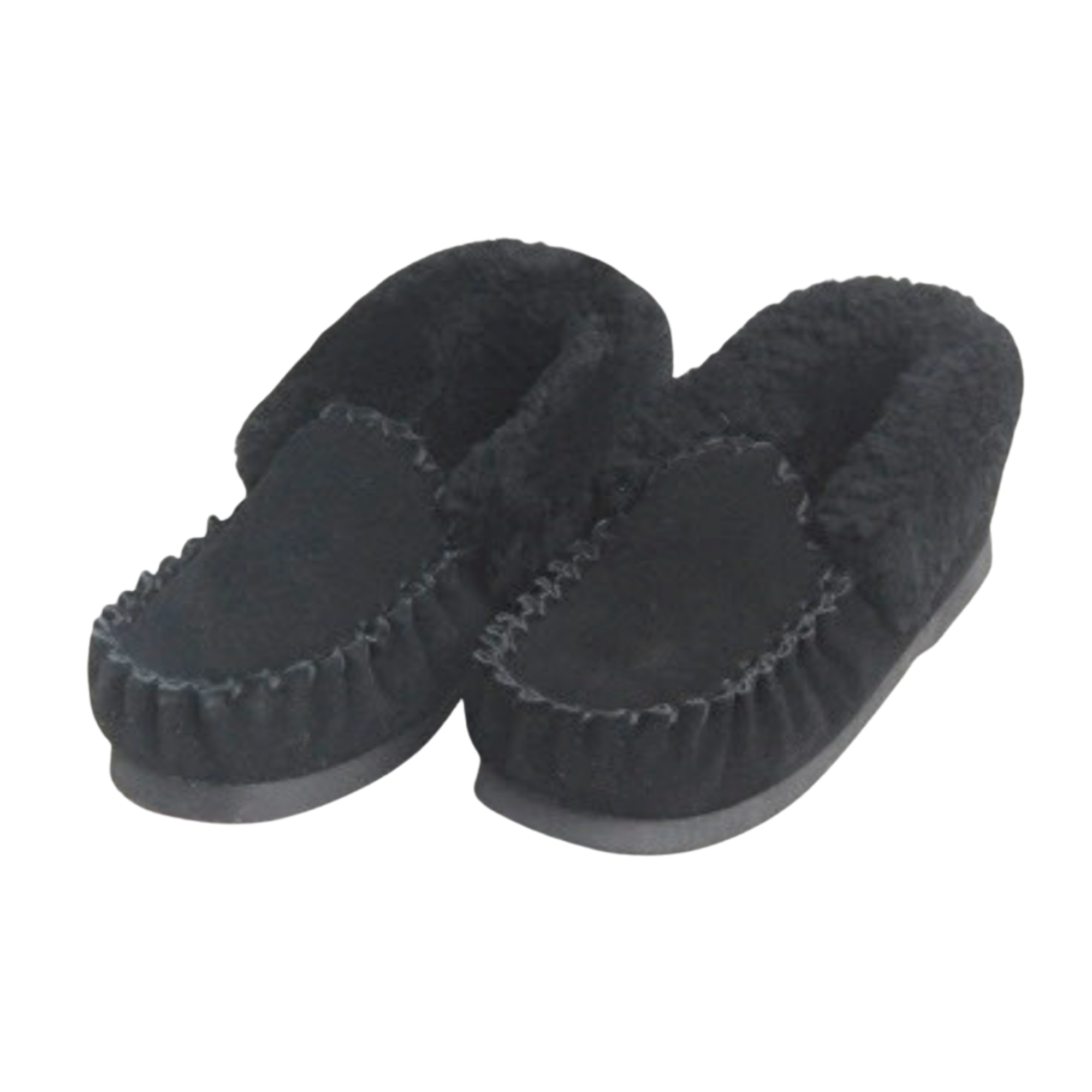 Pair of black moccasin slippers with fuzzy wool, Australian sheepskin texture on a white background