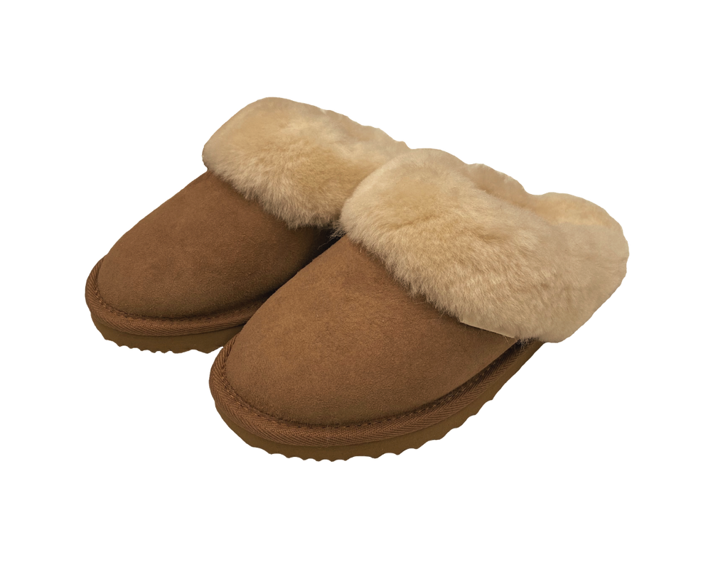 Pair of brown slippers, scuffs, slides with Australian sheepskin wool fur trim on a white background