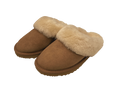 Pair of brown slippers, scuffs, slides with Australian sheepskin wool fur trim on a white background