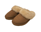 Pair of brown slippers, scuffs, slides with Australian sheepskin wool fur trim on a white background